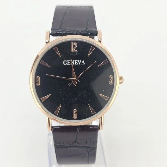 Men's Analog Watch 38MM Black Dial Brown Faux Leather Bands New Battery