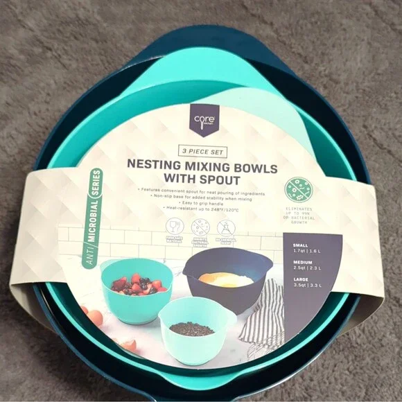 Core Kitchen Anti Microbial Nesting Mixing Bowls w/ Spout 3pc 1.7-3.5qt