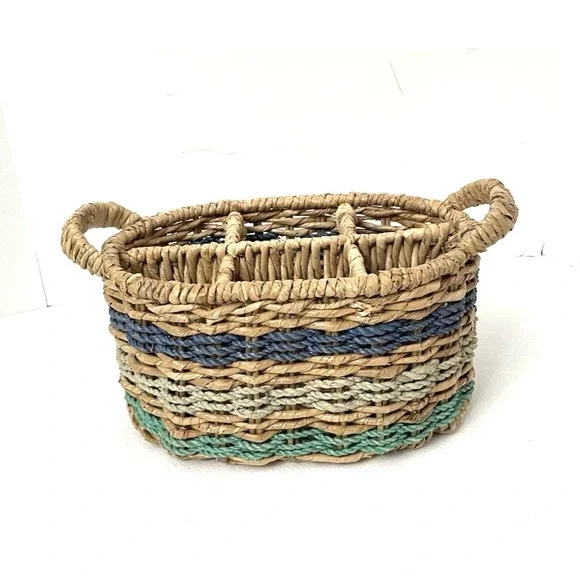 Handwoven Wicker Basket Caddy Divided Natural & Blues Handles‎ Utensil Bottles