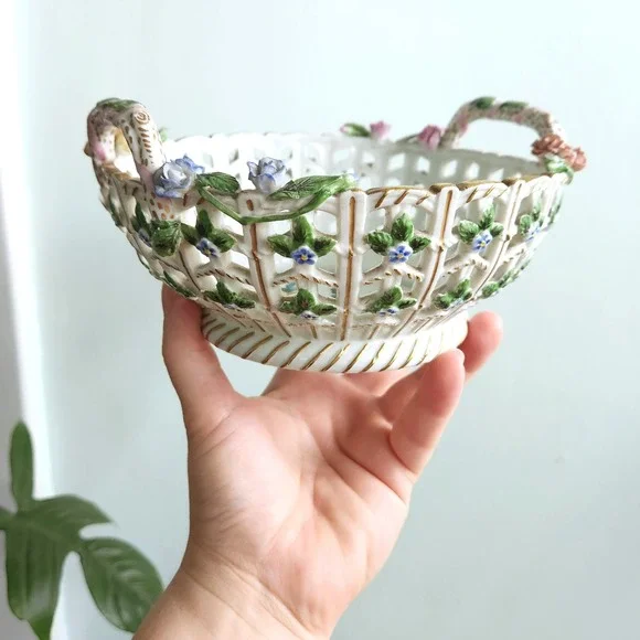 Vintage Dresden Floral Porcelain Basket‎ Reticulated Bowl Handles Cottage Decor