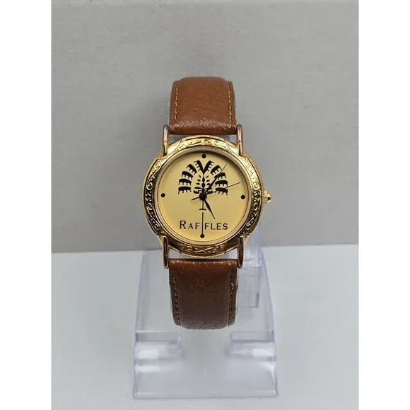 Vintage Raffles Hotel Singapore L'Orelogg 34mm Quartz Watch Leather New Battery