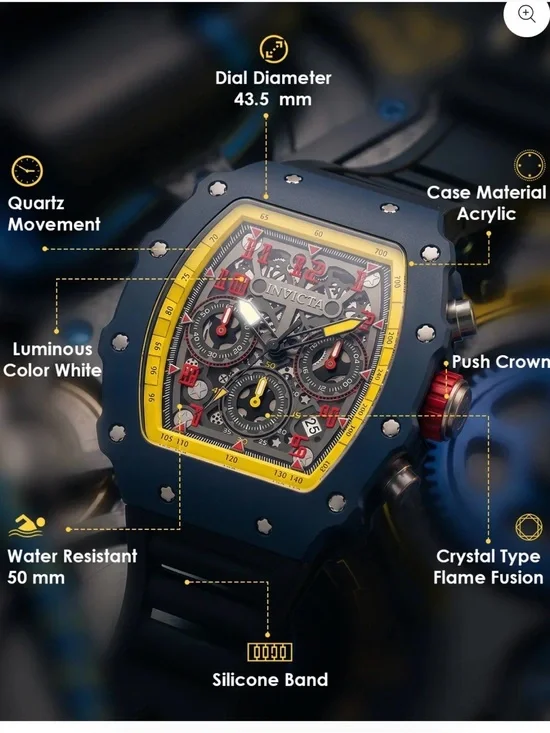 Invicta Men's Watch with Yellow Dial Accents and Black Strap