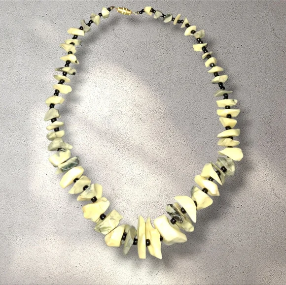 Cream and Grey Nugget, Chip Beaded Necklace Graduated Vintage rustic poss faux?