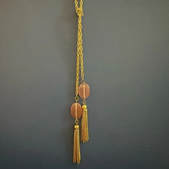 Stylish Gold Tone Lariat Necklace with Tassels & Pink Quartz