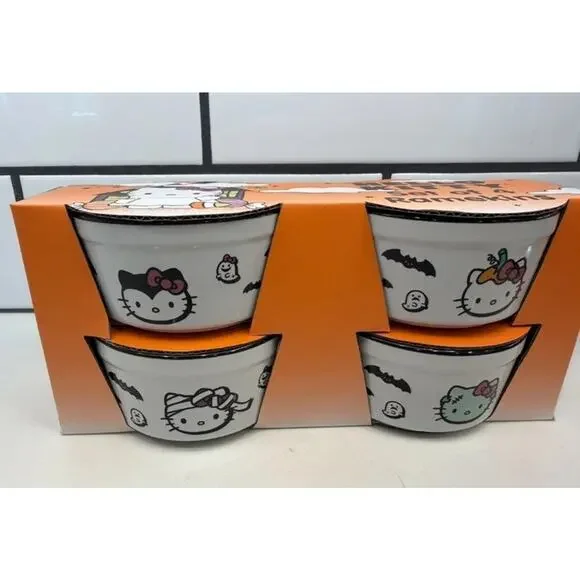 Sanrio Hello Kitty Halloween Zombie bats Set Of 4 Baking Ramekins White NEW‎