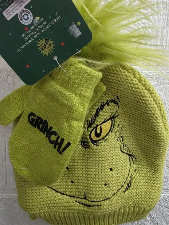 Dr. Seuss The Grinch Kids Beanie Hat & Gloves Gift Set Green NWT Cap