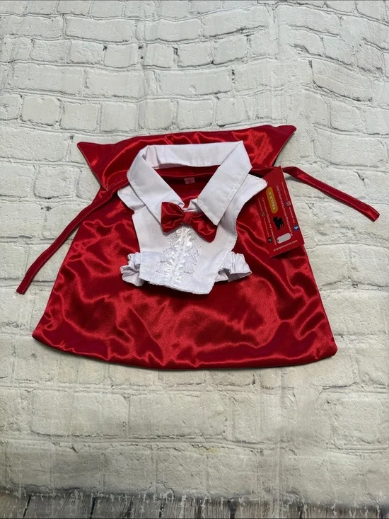 Pet Warrior Dog Satin Red Cape with White Collar & Bow Custome. Halloween costum