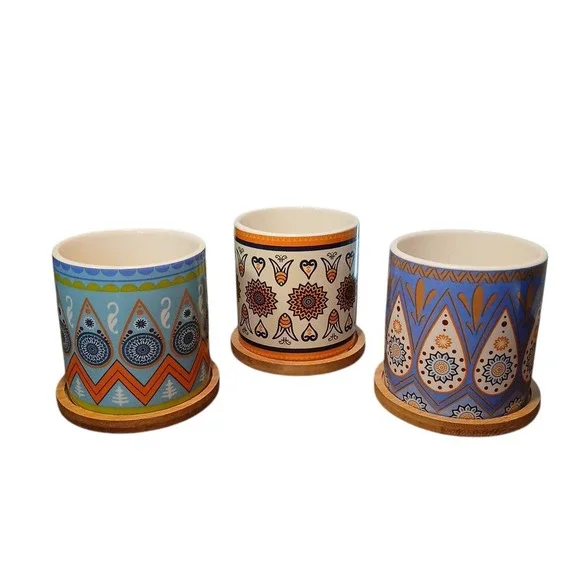 Set of 3 BOHO Ceramic w/Teakwood Saucers Colorful Succulent Window Planters 3