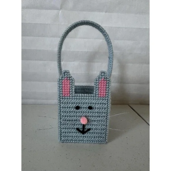 Mini Easter Basket with Pale Blue Sparkly Bunny Colorful Plastic Canvas Handmade