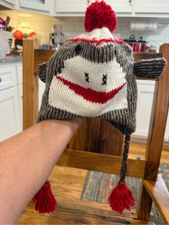 Knit Monkey Pom-Pom Earflap Hat - Brown & Red
