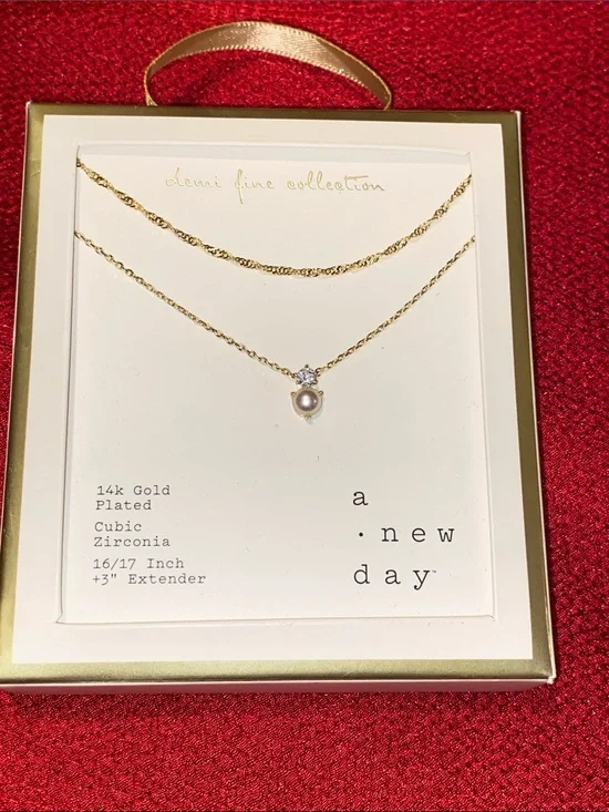 a new day Gold Pearl and CZ Double-Layer Necklace