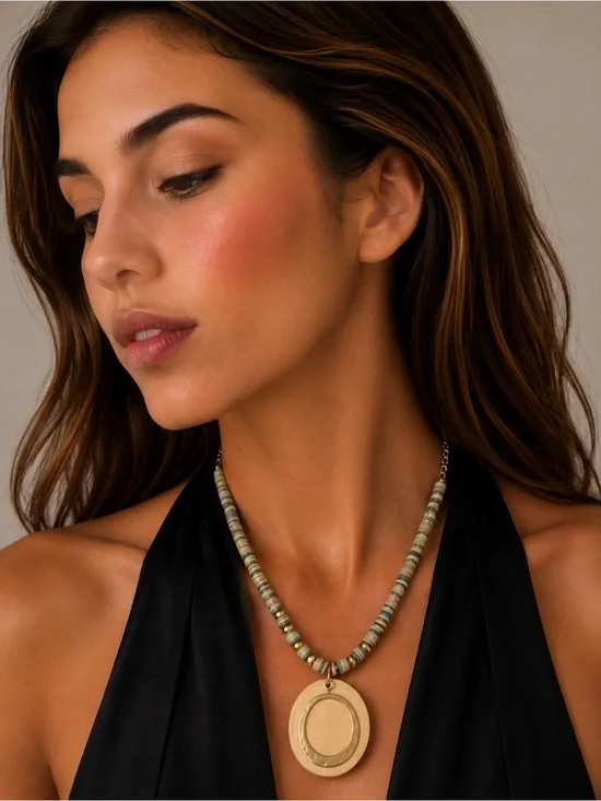 Ashley Cooper Green Beaded Necklace with Gold Wooden Pendant