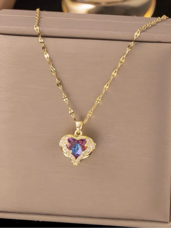 Gold Heart Pendant Necklace with Iridescent Purple-Blue Crystal