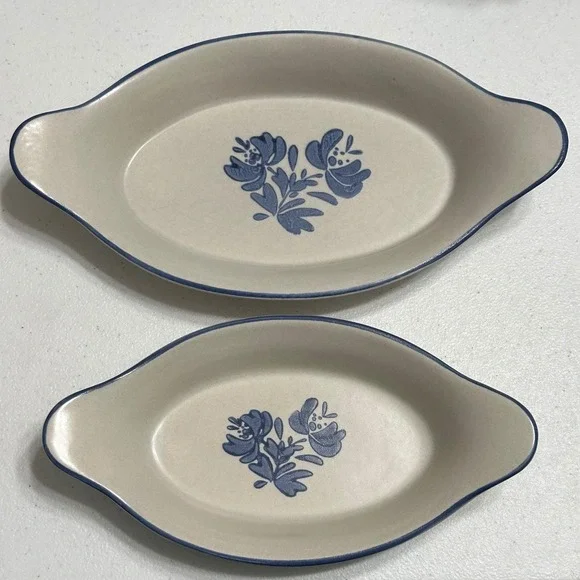 Pfaltzgraff Yorktowne VTG USA Au Gratin Baking Dishes Blue Floral Stoneware 2‎