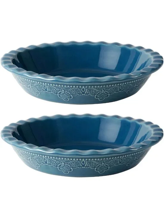 Set of 2 Deep Dish Ceramic Pie Pans, 9 Inch Lace Embossed Ruffled Baking Dishes