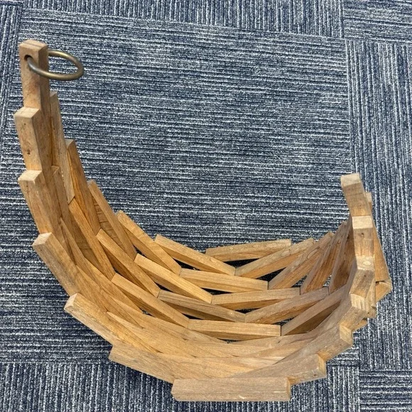 Vtg Mid Century Modern Geometric Wood Block Crescent Moon Hanging‎ Plant Basket