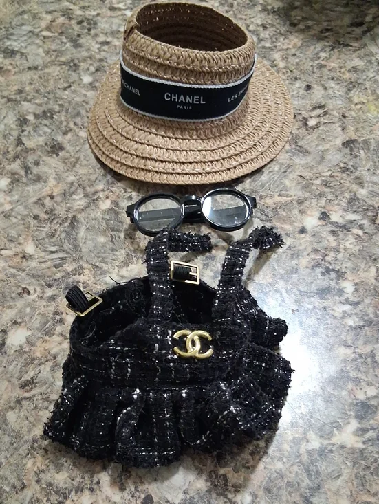 CHANEL copy Black Tweed Labubu Ruffled dress with Gold CC