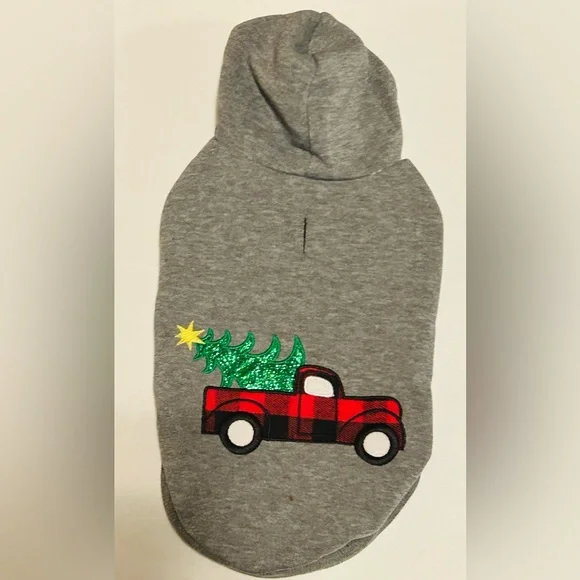 New! Gray Dog Hoodie With Embroidered Buffalo Plaid Truck & Christmas Tree (NWT)