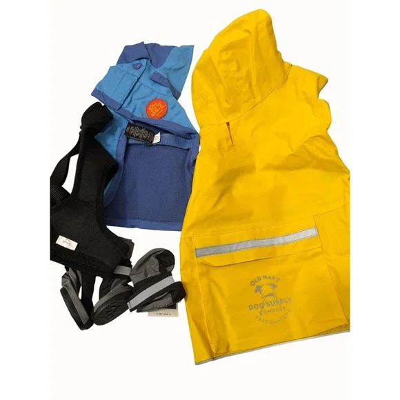 Old Navy Dog Raincoat Set XS‎ Blue & Yellow Reflective Stripes Hooded Boots +