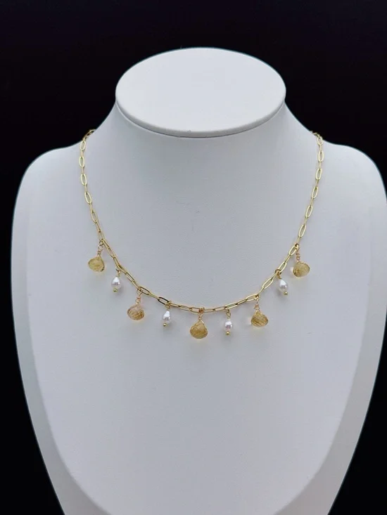 26X521 Handmade Freshwater Pearl High Quality Citrine Stainless Steel Necklace