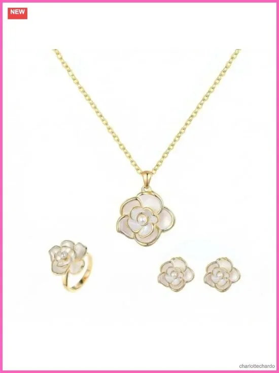 Rose Gold Plated White Rose Necklace Earring Set Women