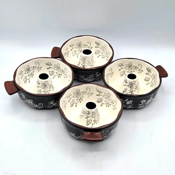 Set 4,‎ Temp-Tations by Tara Floral Lace Black Ceramic Mini Fluted Cake Pans