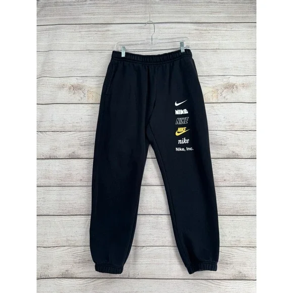 Nike Sweatpants Mens Large Black Multi Logo Graphic Fleece Joggers