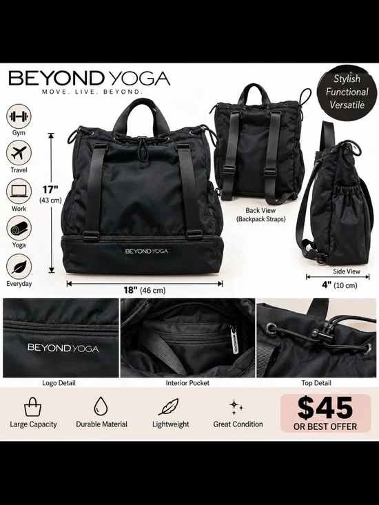 Beyond Yoga Black Drawstring Convertible Backpack Tote