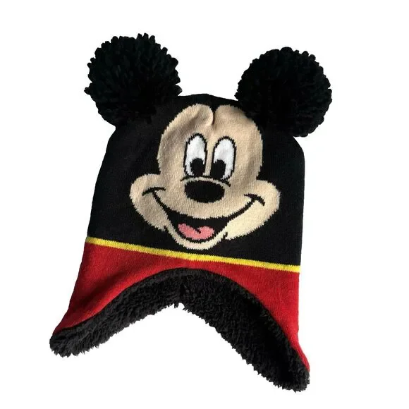 Toddler Disney Mickey Mouse Winter Beanie Hat Knit Pom Pom Ears Flaps Sz 2T-5T