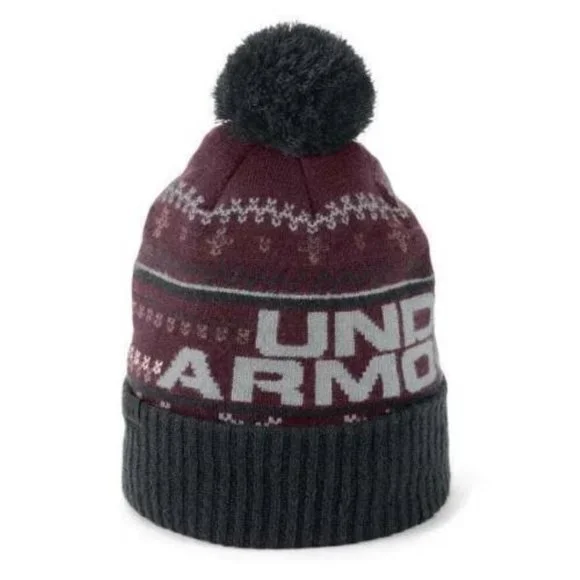 Under Armour Winter Hat Red Retro Pom Pom Beanie Cuffed Knit OS Teen Adult
