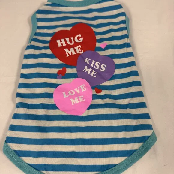 Hug Me Kiss Me Love Me Blue Stripe Dog Tank Top Size M Valentine Pet Shirt