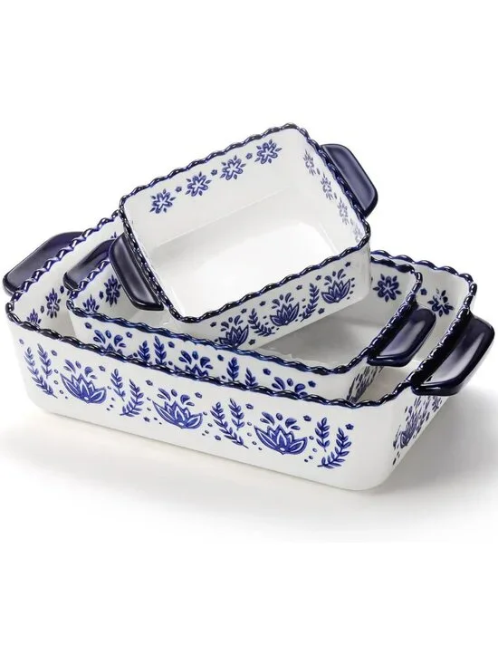3-Pack Porcelain Baking Dishes Set - Rectangular Lasagna & Casserole Pans for