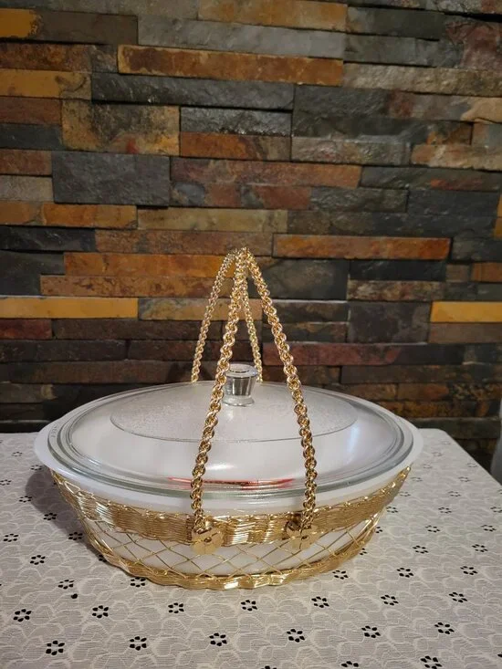 Vintage 1950s Glasbake Oval Casserole NOS with Original Sticker, Basket, Lid