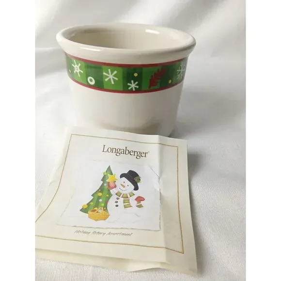 Longaberger Holiday Pottery Christmas Snowflake Crock Planter Bowl Green Red