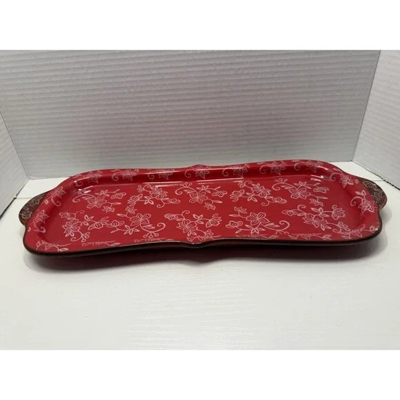 Temp-tation By Tara Presentable Ovenware Serving Plate Red Floral Lace