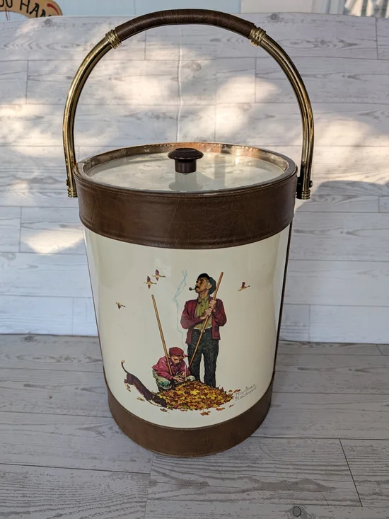 Vintage 1970s Norman Rockwell Ice Bucket Mid-Century Barware w/ faux leather