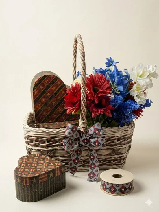 Old World Patriotic Decor Set; Bob’s Boxes Heart, 25yd Vintage Ribbon & Basket