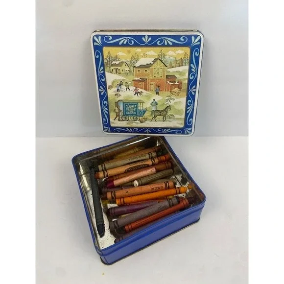 Vintage Crayola Gray Drug Crayon Collection in Daher Winter Farm Scene Metal Tin