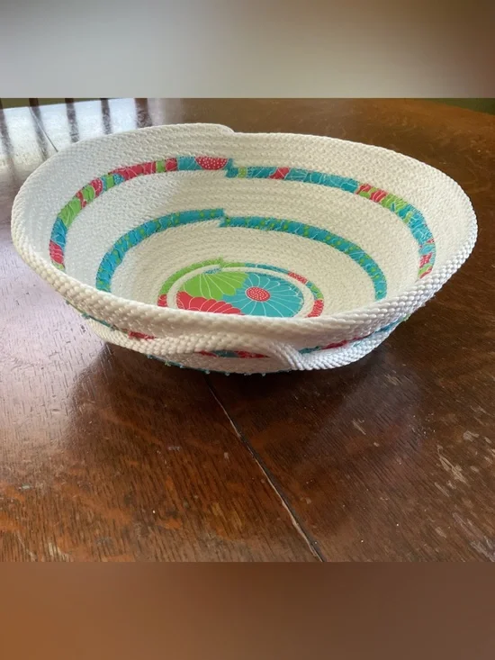 Handmade 9-Inch Coiled Rope Bowl – Bright Floral Fabric Wrap Accent (2.75