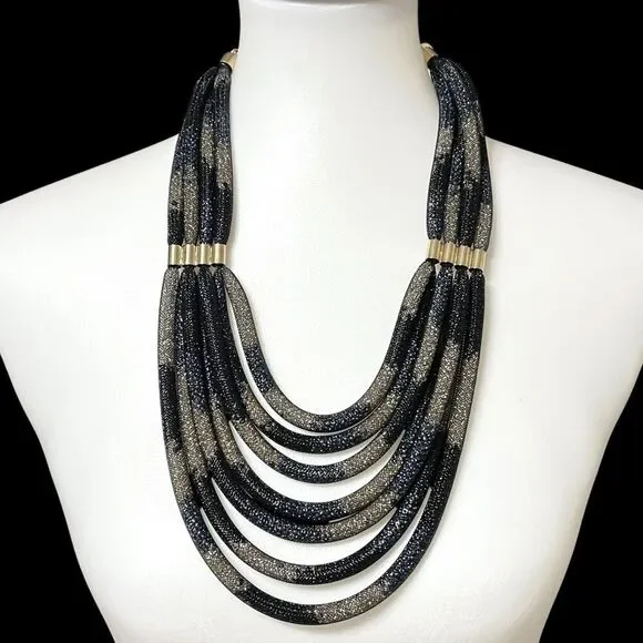 Chicos Chunky Statement Necklace Gold Tone Black Blue Mesh Tube Tiered Layered