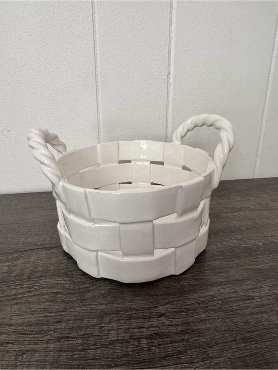 White Ceramic Woven Basket with Twisted Handles