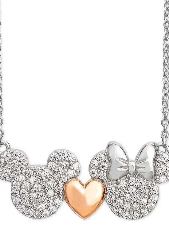 Disney Silver & Rose Mickey and Minnie Mouse Heart Necklace