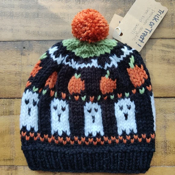 Hand knit Trick Or Treat Ghost And pumpkin Beanie - One Of A Kind