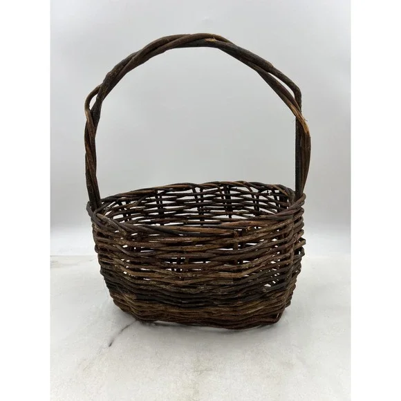 Rustic Woven Grapevine Basket with Twisted Handle Brown Oval Farmhouse Decor