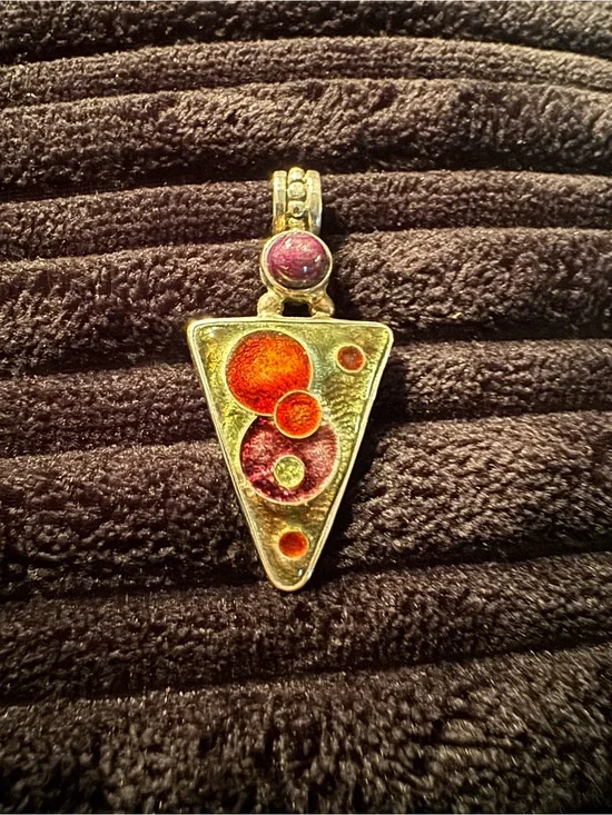 Triangle Pendant with Purple Star Gemstone Orange and Purple Enamel