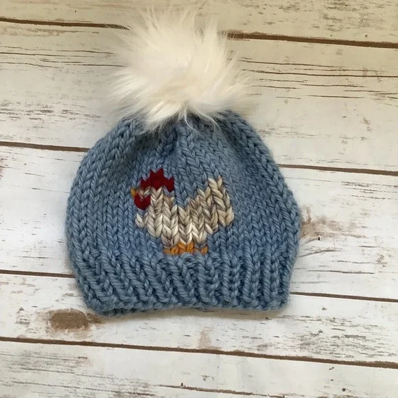 Handmade Kids Chicken‎ Beanie in Blue with Pom Pom OS