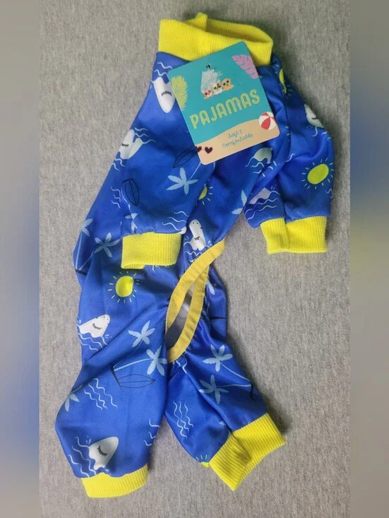 Blue & Yellow Shark Print Dog Pajamas Small