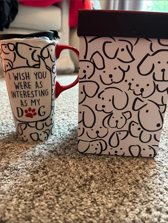 Ceramic Mug for dog lovers with Red Handle and Paw Accent