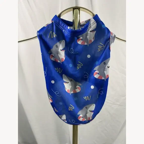 Blue Shark Print Dog Shirt Size S Summer Beach Pool Cute Pet Tee Small Breed