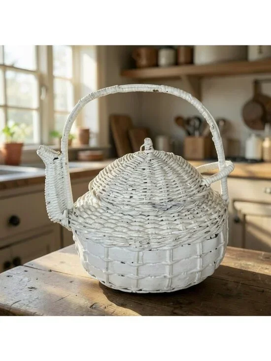 VTG White Wicker Teapot Basket Small Cottagecore Country Removable Lid 6.5